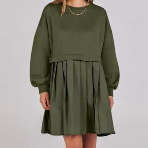 Womens Army Green Sweatshirt Dress | Oversized Pleated Mini | Small